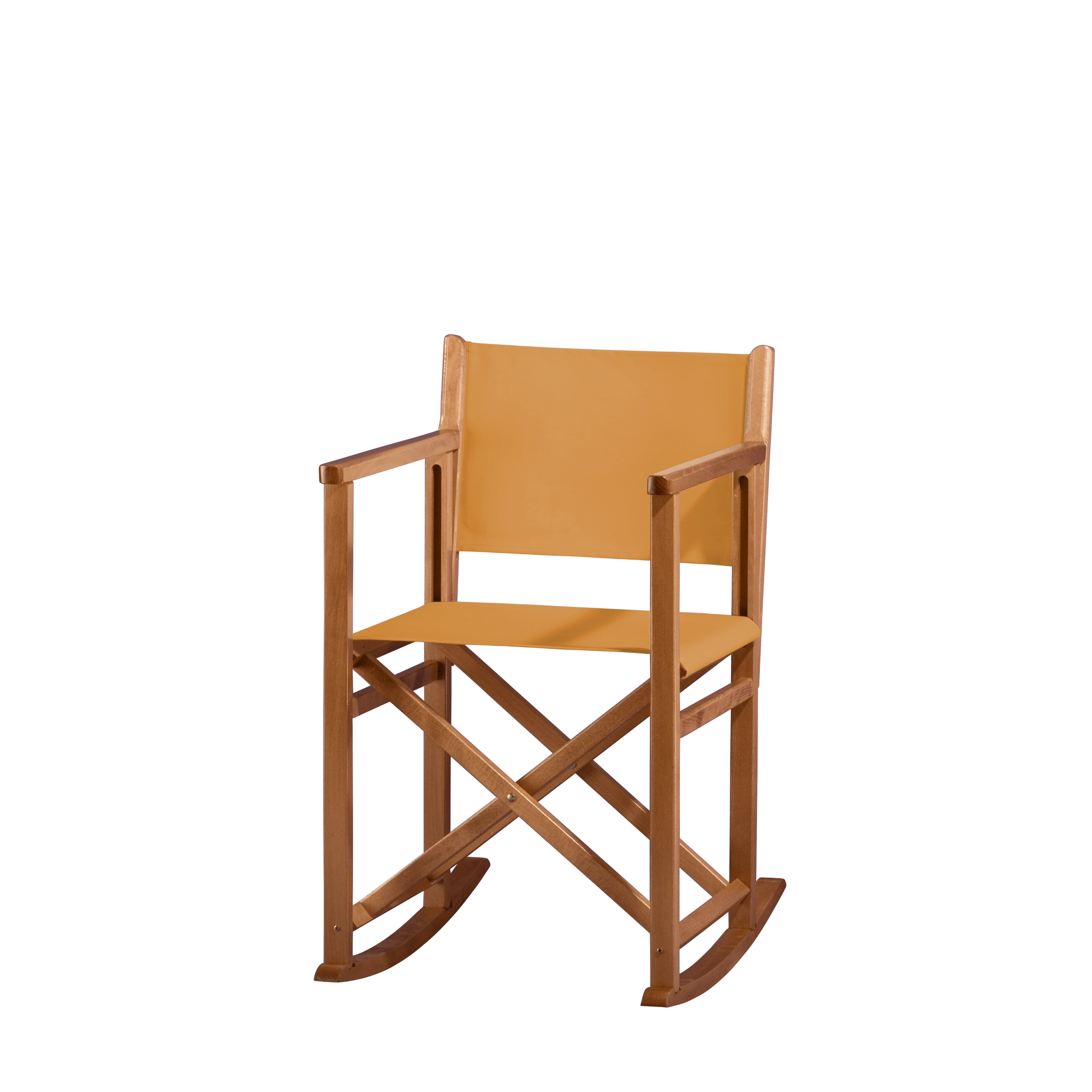 Schaukelstuhl Helmut aus brandyfarbenem Buchenholz mit Bezug in ocker, Seitenansicht
#Swing | Set (Farbe)_ocker