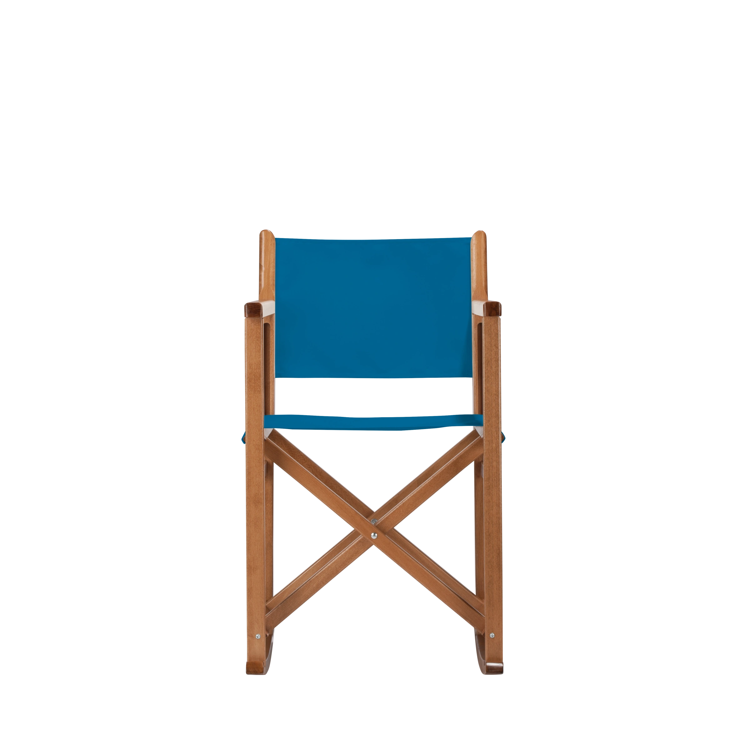 Schaukelstuhl Helmut aus brandyfarbenem Buchenholz mit blauem Bezug, Frontalansicht
#Swing | Set (Farbe)_blau