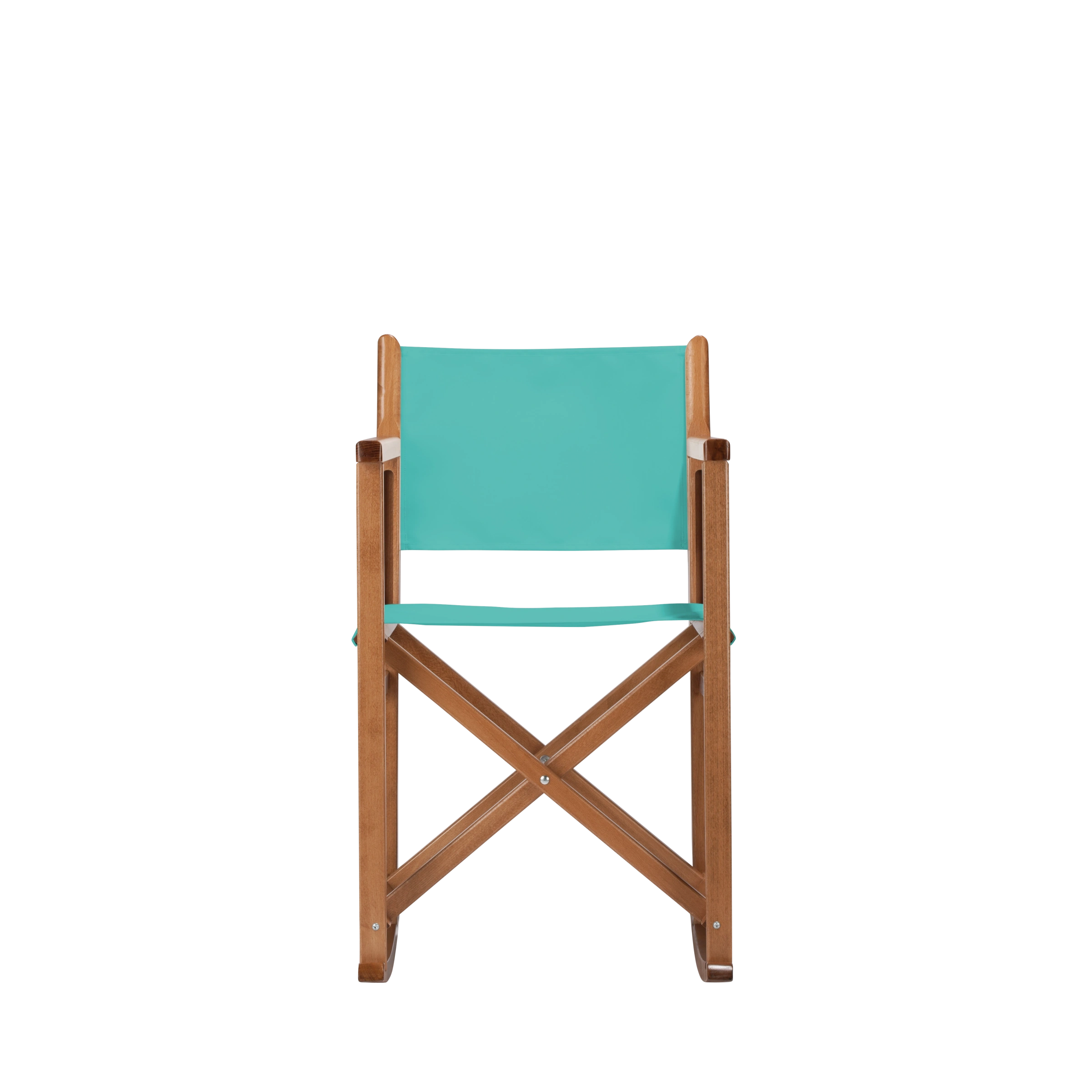 Schaukelstuhl Helmut aus brandyfarbenem Buchenholz mit türkisem Bezug, Frontalansicht
#Swing | Set (Farbe)_türkis